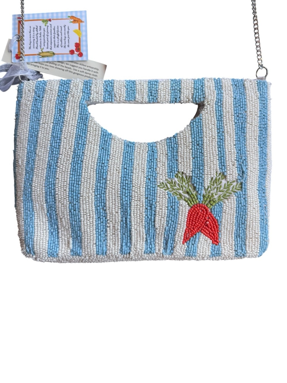 Veggie Blue and White Stripe Beaded Farmers Market Carrot Clutch NWT